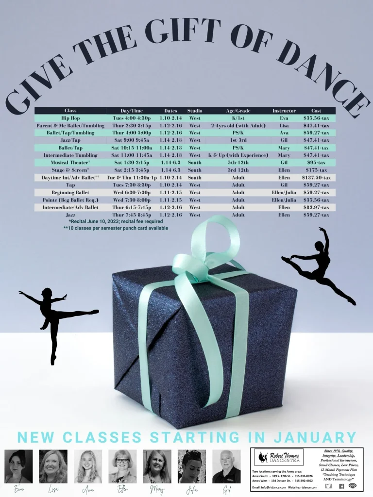 Flyer - Give the gift of dance, new class schedule for January 2023